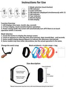 5pcs/Set Jam Tangan Digital LED Anak-Anak dengan Tali Silikon TPU, Menampilkan Waktu, Bulan, Tahun, dan Minggu, Tali Dapat Diganti, Cocok untuk Sekolah, Pemakaian Sehari-hari, Liburan & Hadiah, 1 Jam Tangan Hitam dengan 4 Tali Berwarna - Hitam - View 7