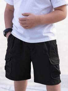 1件装 男童舒适百搭休闲时尚工装短裤，带大口袋，适合日常穿着 - 黑色 - 查看 3