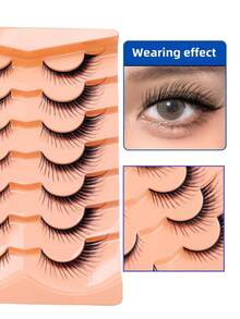 Pestañas postizas con estilo de ala inclinada al estilo de zorro! Set de 7 pares de pestañas falsas con ojos de zorro, con las pestañas delanteras cortas y las traseras largas, tipo muñeca de anime con pestañas con alas - Negro - Ver 4