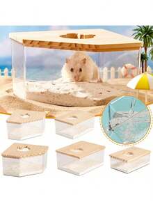 亚克力浴室，透明主体，木质顶盖，圆形入口，防漏设计，可爱老鼠入口，卡通老鼠头入口，萌趣设计让老鼠爱上洗澡 - 彩色 - 查看 1