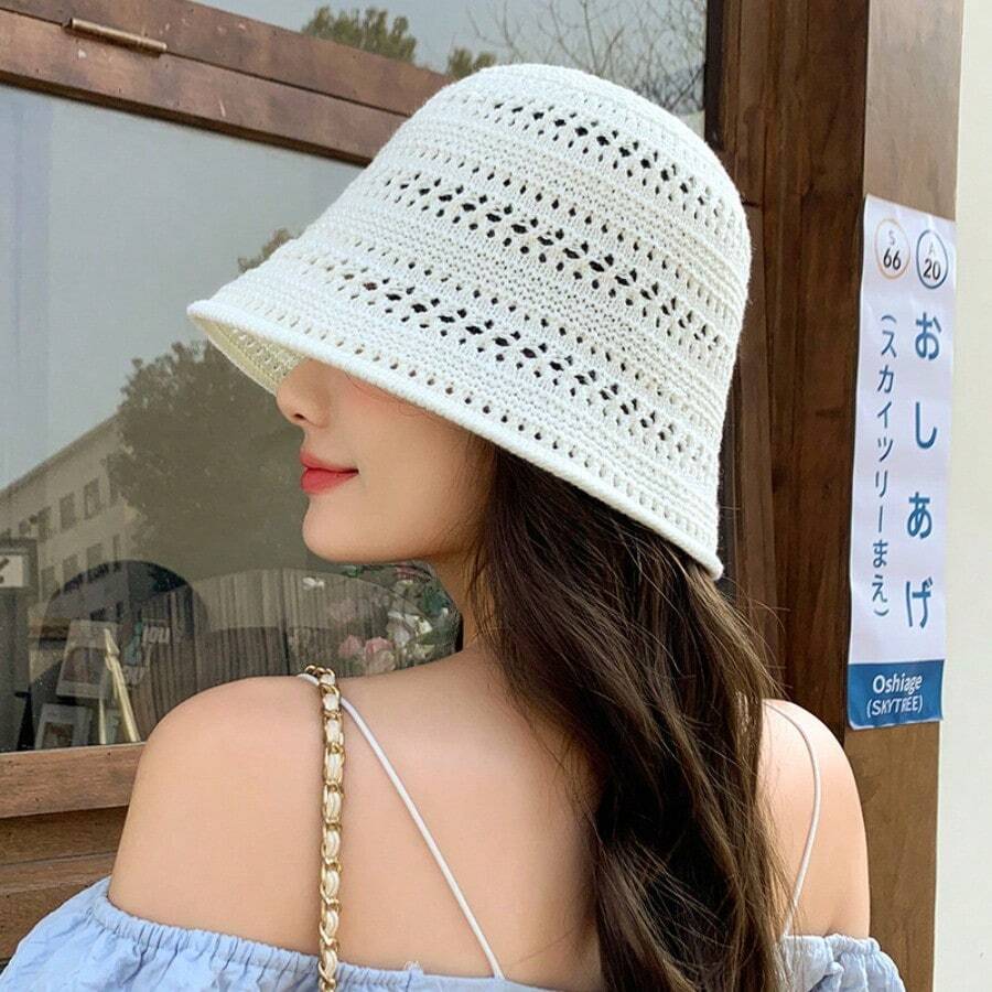 Spring Hot Item, Summer Fashionable Hollow Woven Bucket Hat, Women's Outdoor Face Enhancing Small Wide Brimmed Knitted Basin Hat, Casual Versatile Sun Hat - 白色 - 查看 1