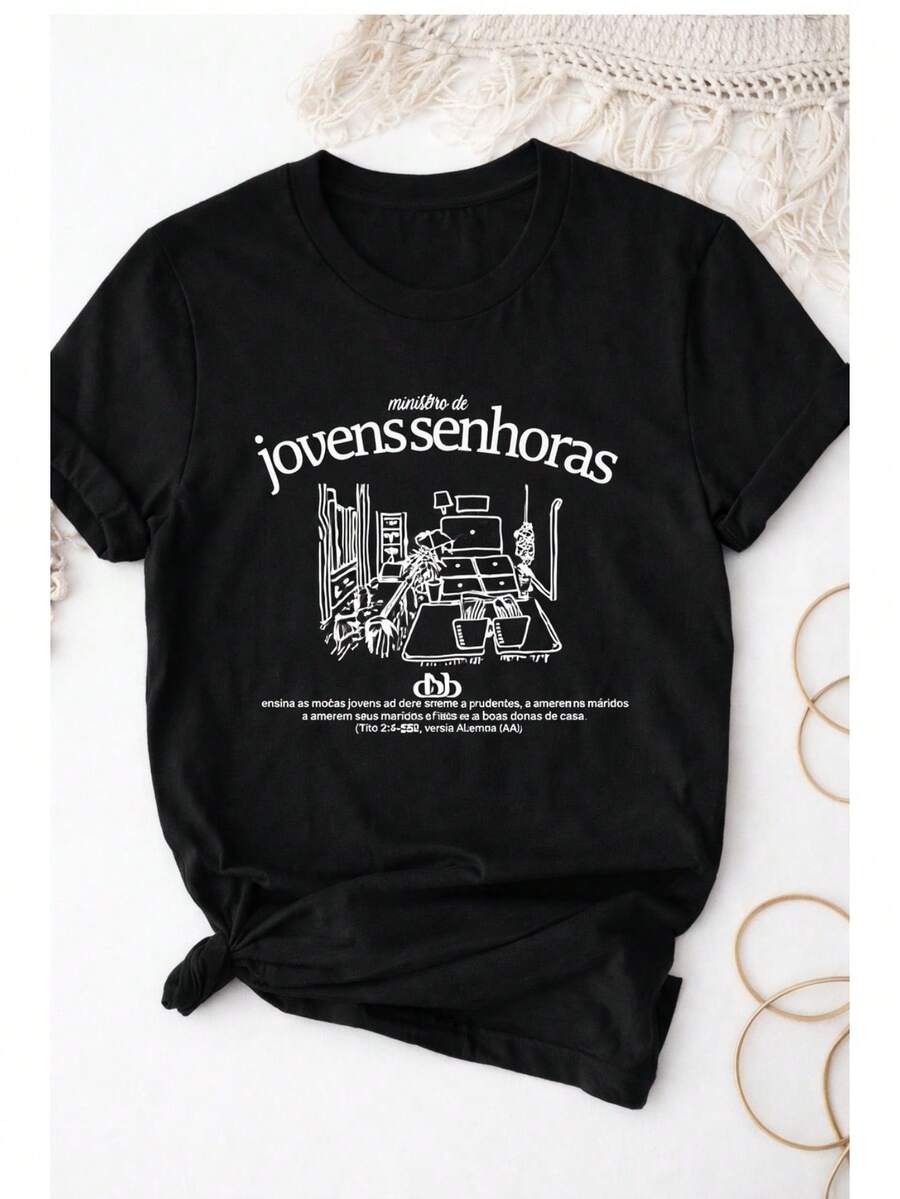 Tshirt Jovens Senhoras Camiseta 100% Algodão Penteado - Preto - Visão 1