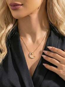 1 chiếc vòng cổ mặt dây chuyền hình ngôi sao và mặt trăng màu vàng sang trọng, món quà trang sức thời thượng dành cho phái nữ, phù hợp cho hẹn hò, đeo hàng ngày, đi làm (Đóng gói trong túi OPP) - Vàng - Xem 2