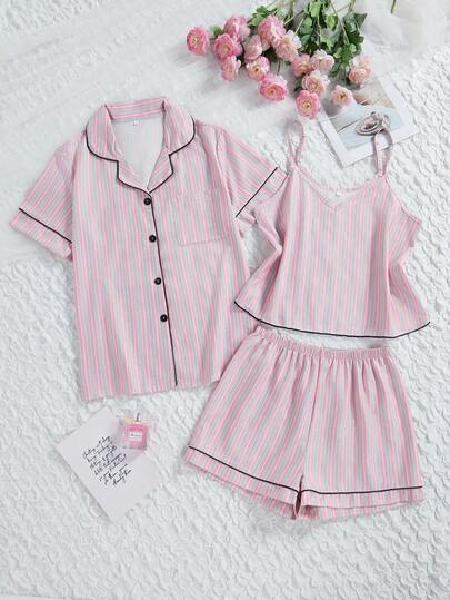 3pcs/Set Women's Casual Comfortable Loose Striped Print Camisole Top, Short Sleeve Shirt And Shorts Pajama Set, Suitable For Spring And Summer