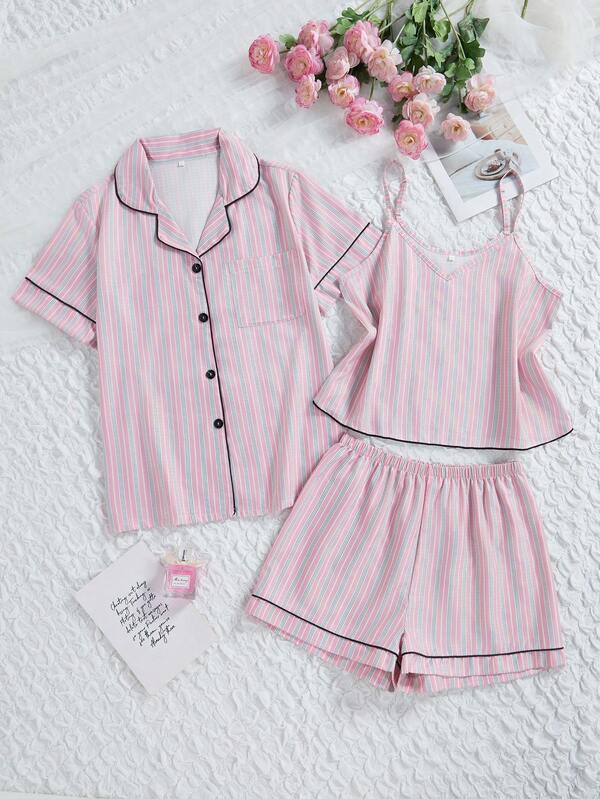 3pcs/Set Women's Casual Comfortable Loose Striped Print Camisole Top, Short Sleeve Shirt And Shorts Pajama Set, Suitable For Spring And Summer