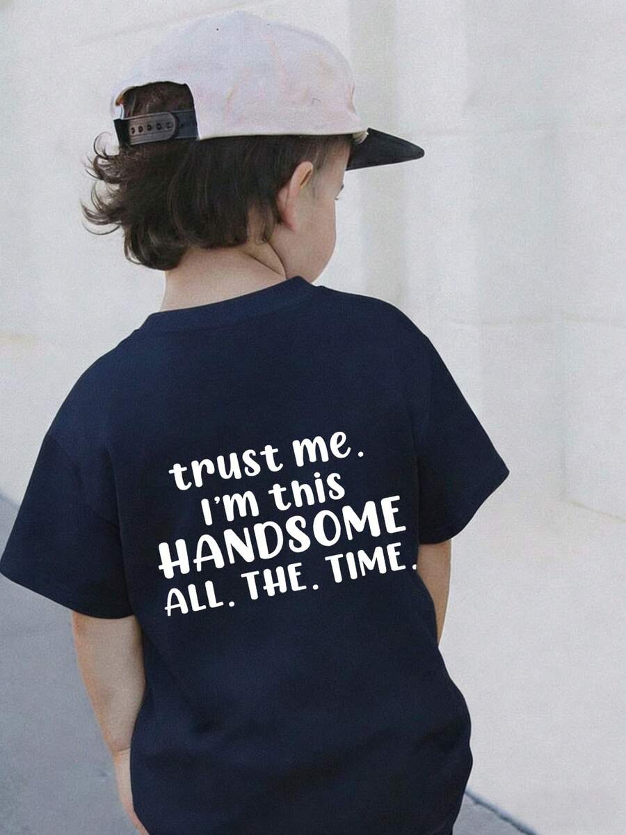 男童休闲印花圆领短袖T恤，夏季上衣 - 藏蓝色 - 查看 1