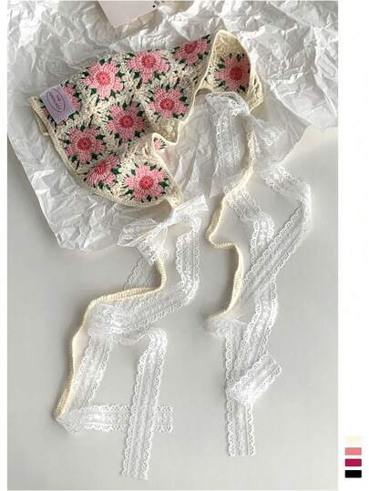 手工复古法式花卉三角巾，甜美防晒头巾，适合夏季外出和摄影，可爱花朵发带，乡村风头巾，百搭牛仔裤腰带