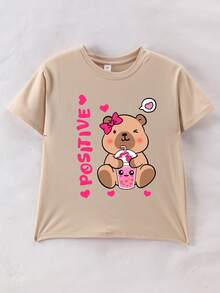 Capybara And Guinea Pig Print T-Shirt For Teen Girls, Casual Loose Fit Short Sleeve Tee, Round Neck, Perfect Summer Gift, Suitable For School And Outings, St. Patrick''s Day - Apricot - View 8