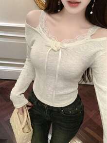 新款花卉针织二合一V领上衣搭配蕾丝吊带背心，春夏款 - 杏色 - 查看 1