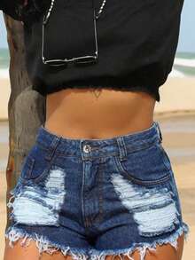 Women Denim Shorts - Navy Blue - View 15