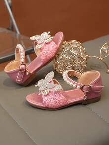 1 Pair New Girls Princess Sandals, Glitter Pink Upper, Rhinestone Bow Decor, Soft Sole Non-Abrasive, Adjustable Hook And Loop Strap - Pink - View 5