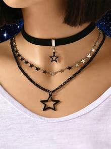 1 pieza Collar con colgante de estrella metálica de varias capas hecho a mano, color plateado - Plateado - Ver 3