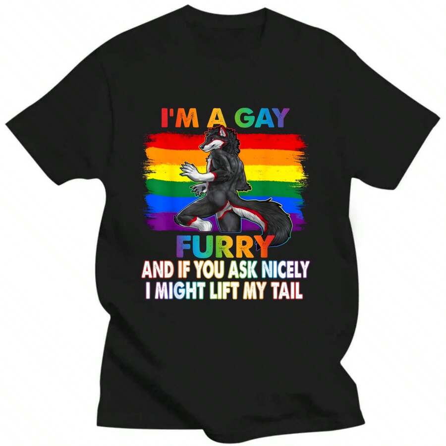 I'm A Gay Furry Rainbow Fox Wolf Fursona Fandom Pride Month T-Shirt - 黑色 - 查看 1