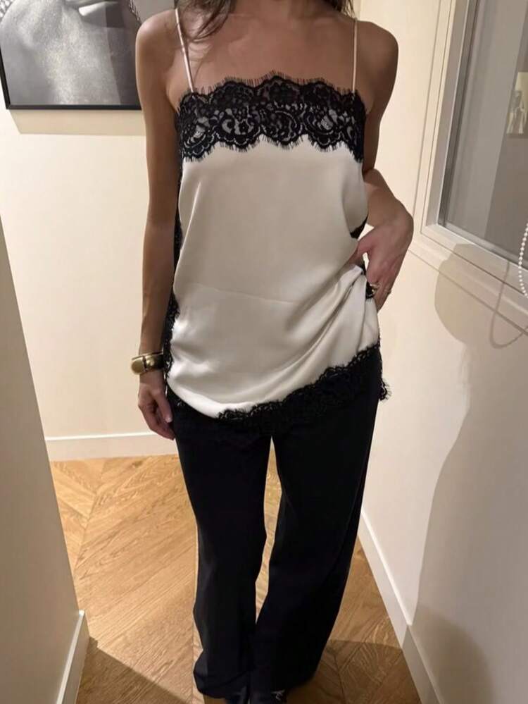 Blusa de satén y encaje de estilo minimalista europeo y americano, de moda para el verano, para vacaciones - Blanco 2 - Añade 2