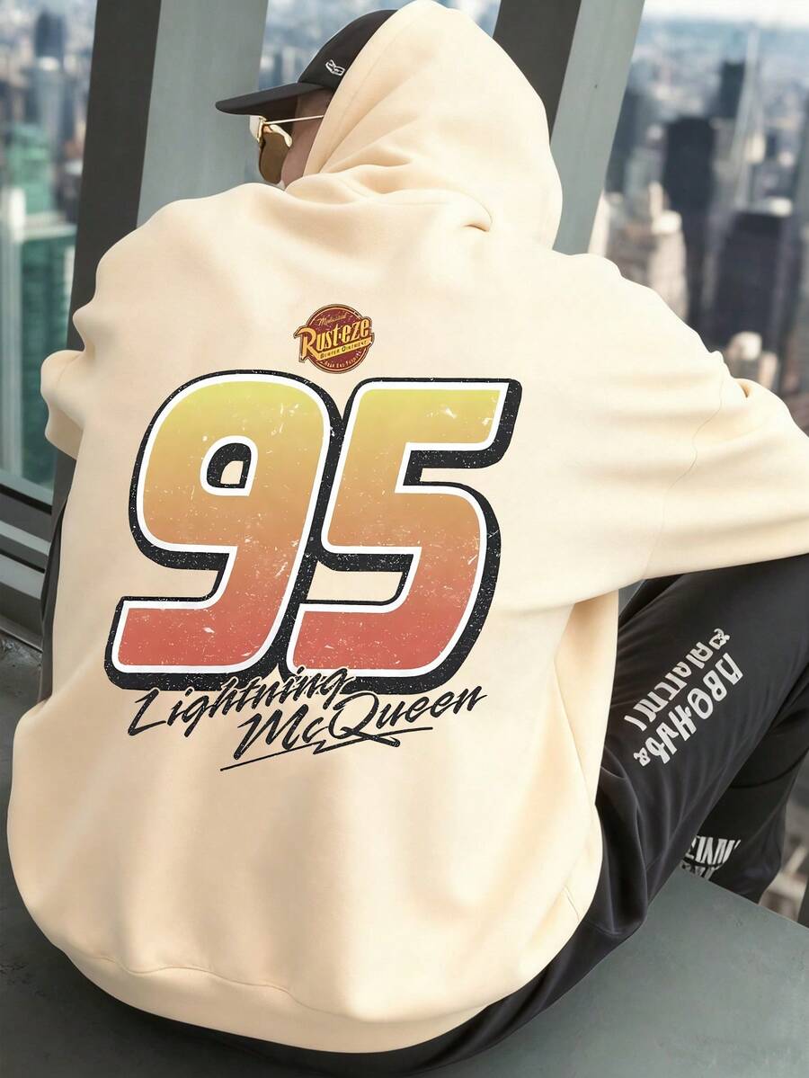 Disney Men's Casual Hoodie, Featuring A Red Cartoon Car Pattern From "Cars", Creates A Strong American Retro Street Feel. The Cartoon Is Cute And Suitable For Daily Gatherings - 杏色 - 查看 1