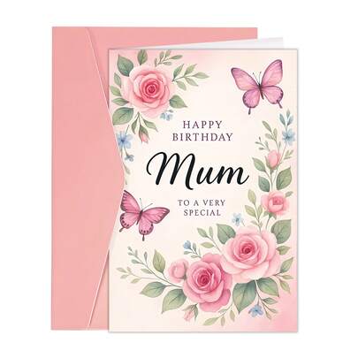 1pc Pink Rose And Blue Flower Birthday Greeting Card With Butterfly Design | Perfect Gift For Mother, Suitable For Birthday, Mother'S Day Or Any Occasion
