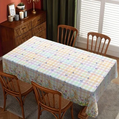1 pieza Mantel de Pascua con cuadros de colores, conejo acuarela y cesta de bambú, adecuado para fiestas de estilo rústico, decoración del hogar y restaurantes