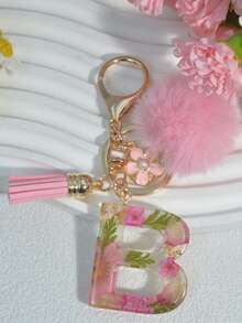 1pc Dried Flower Letter Keychain Resin Pendant Daisy Flower Keyring, Pink Gift With Pom Pom Tassel Charm - Pink - View 4