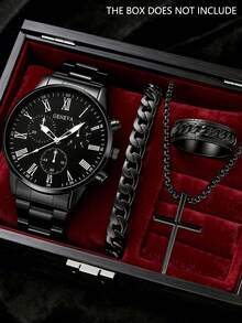 Set de 4 piezas de relojes de cuarzo casuales y de negocios para hombres, que incluye 1 reloj de cuarzo para hombre y un set de accesorios todo en negro (reloj cronógrafo con banda de metal y números romanos, pulsera de cadena, collar de cruz, anillo texturizado) - Negro - Ver 6