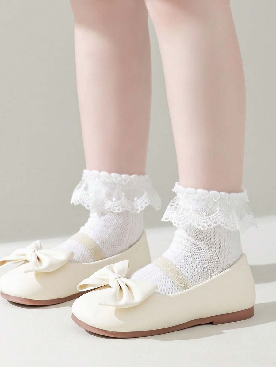 1pc Kids Heart Lace Mesh Socks, White Girls Soft Breathable Short Socks, Cute & Fashionable For Spring/Summer - Multicolor - View 1