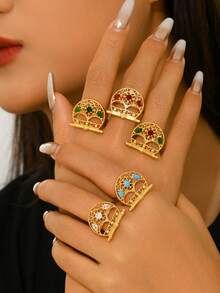 1pc Vintage Bohemian Style Hollow Moon Zirconia Copper Plated Gold Adjustable Ring, Women's Daily, Holiday, Gift Accessory - Multicolor - View 1