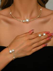 Shiny Gold Faux Pearl Jewelry Set, Elegant Crystal Necklace, Bracelet And Stackable Rings, Suitable For Date Night, Anniversary, Birthday Gift - 1318 Gold - View 1