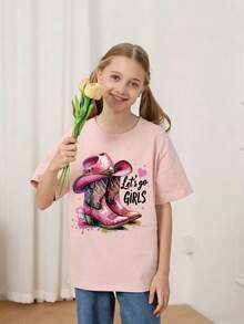 Tween Girls' Casual Graphic Print Crew Neck Short Sleeve T-Shirt, Summer Top - Pink - View 3
