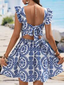 Women's Summer Ruffle Backless Tie Sleeveless Short A-Line Elegant Vacation Dress - Blue - View 3