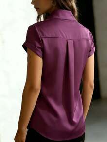 Áo sơ mi nữ tay ngắn cổ bẻ bằng vải satin, cài cúc phía trước, kiểu dáng trang trọng mùa hè. - Màu tím - Xem 3