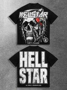 Y2K Tops, Hell Star Paradise Skull Flame Distressed Oversized Graphic Tee, Streetwear, Vintage, Punk Gothic, Aesthetic, Baggy,   For Men - Black - View 6