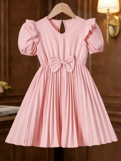 Toddler Girls' Commuting Casual V-Neck Puff Sleeve Pleated Dress, Luxurious Dusty Pink Color, V-Neck + Hollow Back Design, Puff Sleeve + Pleated Skirt + Satin Bow Accent, Popular Bridesmaid, Flower Girl, Evening Gown With Ethereal And High-End Aesthetics