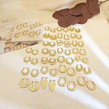 10/6/4 Pairs Stainless Steel Gold-Tone Earrings, Heart, Diamond, Round, Geometric Shapes, Vintage Fashion Earrings For Women. Random Assorted Styles, Hypoallergenic, Lightweight & Versatile, Suitable For Casual Daily Wear, Girls Jewelry Gift. - Gold - View 2