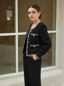 Áo khoác dạ hội dài tay cài cúc phía trước, chất liệu vải dệt, kiểu dáng thanh lịch, thích hợp cho các buổi tiệc tối. - màu đen - Xem 3