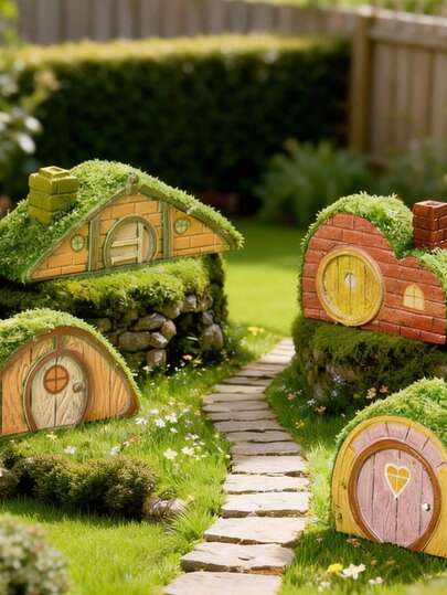 4 piezas - Decoración de casa de paisaje pequeña, casa de musgo de dibujos animados linda, accesorios de decoración de bonsái de jardinería, adornos de escritorio, adecuados para decoración de bonsái de jardín, decoración de casa de hadas, decoración del hogar, decoración de paisaje de mini acuario