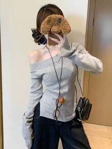 修身不对称肩部长袖针织上衣，性感斜领毛衣，女士春季款 - 灰色 - 查看 2