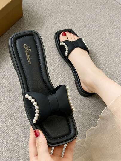 Women's Solid Color Open Toe Flat Sandals, Pearl, Butterfly, Shiny, Women's Summer Sandals, New Beach Sandals, Elegant Casual Versatile Women's Flat Slide Sandals, Women's Flat Sandals, Open Toe Sandals, Open Toe Slippers, Black Slippers, Black Sandals, Slip-On, New Fashion Sandals, Plastic Slippers