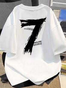 日系女式宽松圆领短袖字母数字印花T恤，春夏款 - 白色 - 查看 1