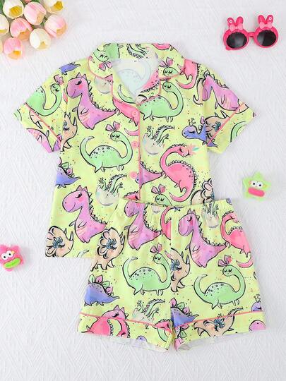 2 piezas Conjunto de pijama para niños, estampado de dibujos animados de dinosaurio lindo, top de cárdigan de manga corta y pantalones cortos de moda, tela de punto retardante de llama, adecuado para uso en interiores, todas las estaciones, unisex para niños pequeños y jóvenes