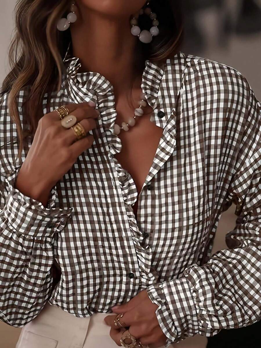 女士格子荷叶边V领衬衫，纽扣长袖格子衬衫，时尚百搭，适合办公室和居家穿着，秋、冬、春三季度假皆宜。 - 藍色 - 查看 1