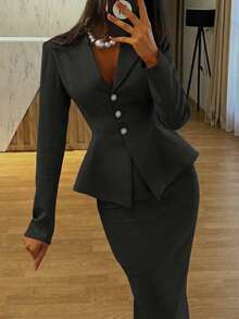 2pcs/Set Elegant Business Formal Suit Blazer + Slit Hem Skirt Outfit Black - Black - View 3