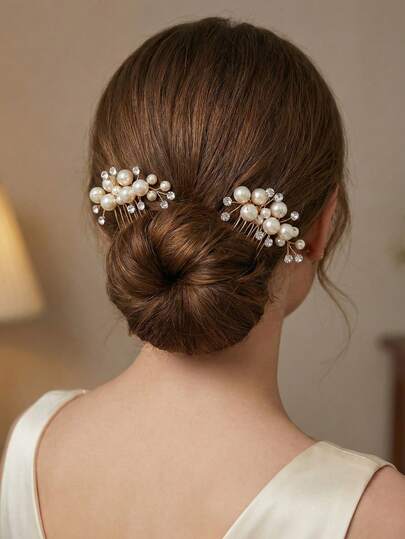 2pcs Elegant Pearl Rhinestone Hair Combs, Minimalist Gold Wedding Hair Accessories, Classic Vintage Bridal Hair Jewelry For Women