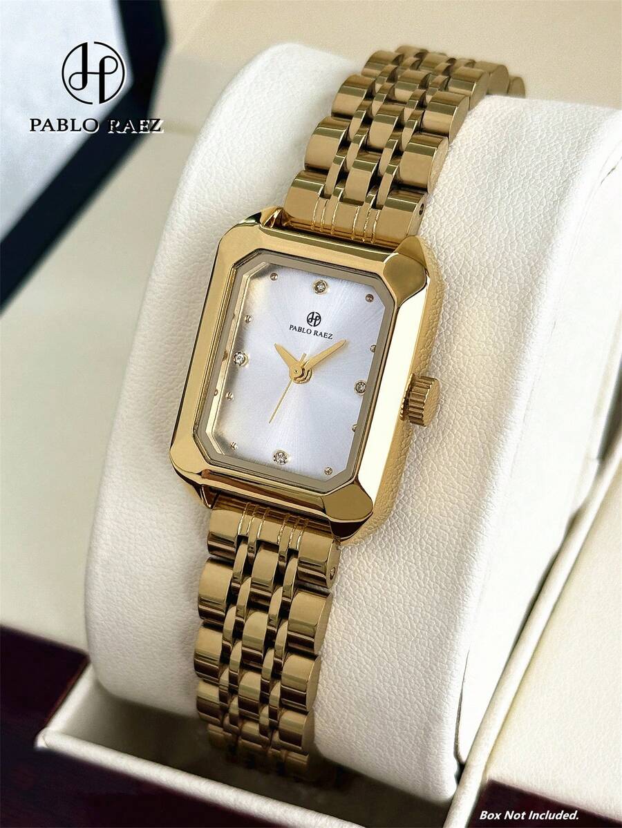 Pablo Raez 1件 18K金原裝優雅女款長方形復古珠寶金女錶，奢華不鏽鋼迷人時尚設計女裝時尚錶，頂級新款AAA級石英鐘，夢幻女款白色鑽石女孩學生款，熱門小巧可愛錶，實心金屬鋼錶鏈蝴蝶鎖，50M防水，休閒可愛女孩派對高端錶，適合日常生活/工作/派對裝飾，生日畢業婚禮送給朋友或家人的禮物