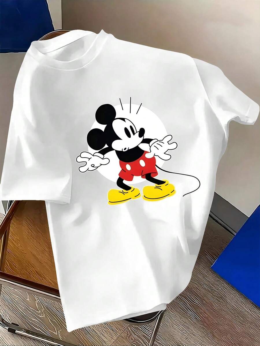 Disney Men's Casual T-Shirt, Featuring Mickey Mouse's Classic Surprised Standing Posture Pattern, With Vivid And Childlike Expressions, Suitable For Young People Who Like A Simple And Casual Style - White - View 1