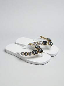 1 Pair Spring/Summer New Beach, Resort, Summer Outdoor, Wedding, Bridesmaid, Bathroom Anti-Slip Women Round Toe Rhinestone Shiny EVA Lightweight Flip Flops - Multicolor - View 2