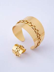 Bộ 2 chiếc vòng tay và nhẫn kiểu dáng cổ điển, thanh lịch, họa tiết hình học khối vuông, thích hợp cho các bữa tiệc, tiệc chiêu đãi và đeo hàng ngày. - Vàng - Xem 4