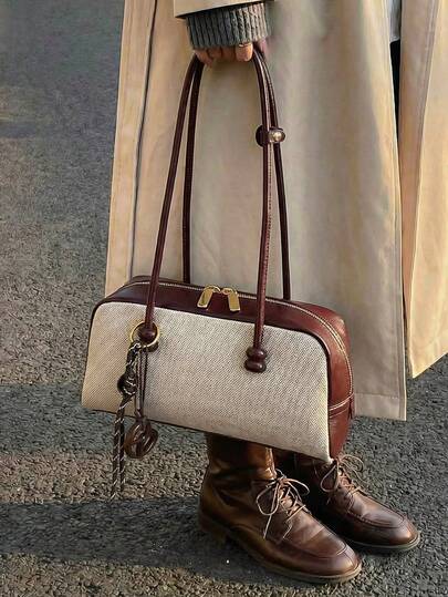 1pc Solid Color Women Underarm Bowling Bag, PU Woven Patchwork Design, Minimalist Chic, Versatile For Daily, Travel, Commute, Comes With Decorative Accessory