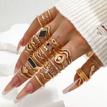 Juego de 29 anillos para mujer, estilo INS con gemas falsas incrustadas, diseños de corazón y serpiente con perlas falsas, anillos apilables multicomponentes con esmalte, perfectos para fiestas y uso diario - Multicolor - Ver 5