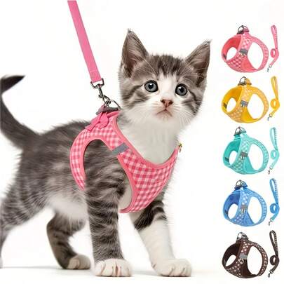 Pet Cat Dog Leash Set (Includes Collar And Leash) - Plaid Pattern Breathable Fabric, Durable Metal Fittings With Reflective Strips, Machine Washable, Polyester, Suitable For Most Cats And Dogs, Pet Supplies, Cat Accessories, Collar, Leash
