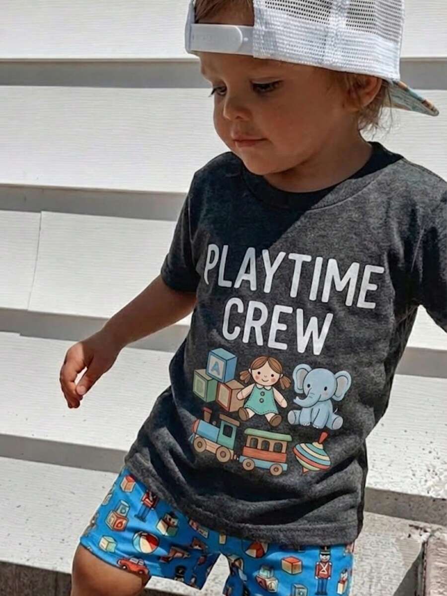 1件装男童休闲印花圆领短袖T恤，夏季学生服装 - 一款百搭T恤，为每个孩子带来欢乐和幸福！ - 深灰色 - 查看 1