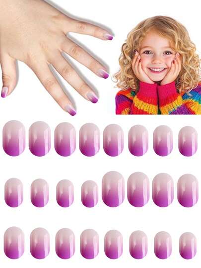 NAIO 24 Pieces Press On Nails For Kids, 1 Pack Kid Fake Nail Gradient Design Elements Pre-Glue Short Nail Stick On Nails, Great For Children Little Girl Birthday Gifts, Parties & Makeovers Decoration